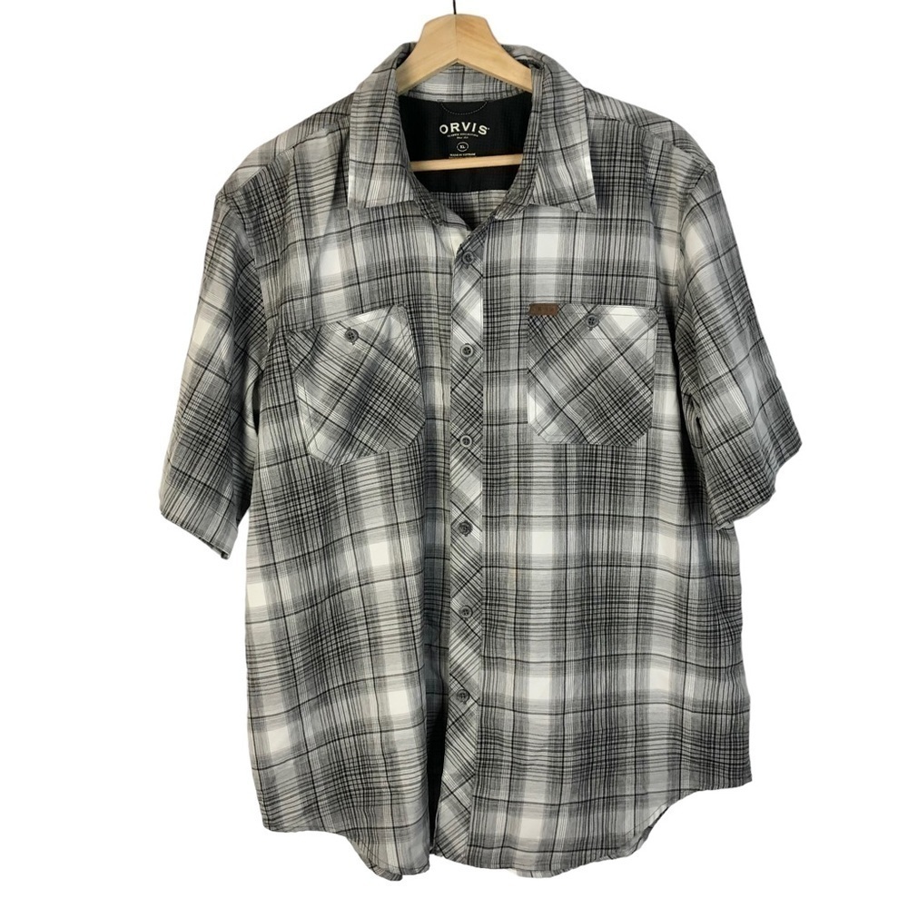 Orvis Gray Plaid Woven Tech‎ Short Sleeve Button Down XL